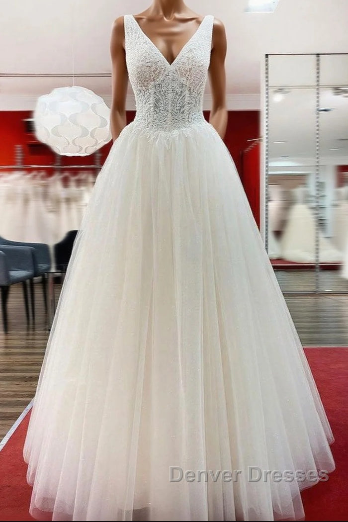 Unique Ivory Long Princess V-neck Tulle Lace Wedding Dress Main image