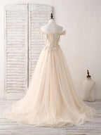 Unique  Lace Applique Tulle Long Champagne Prom Dresses Sweet 16 Dress