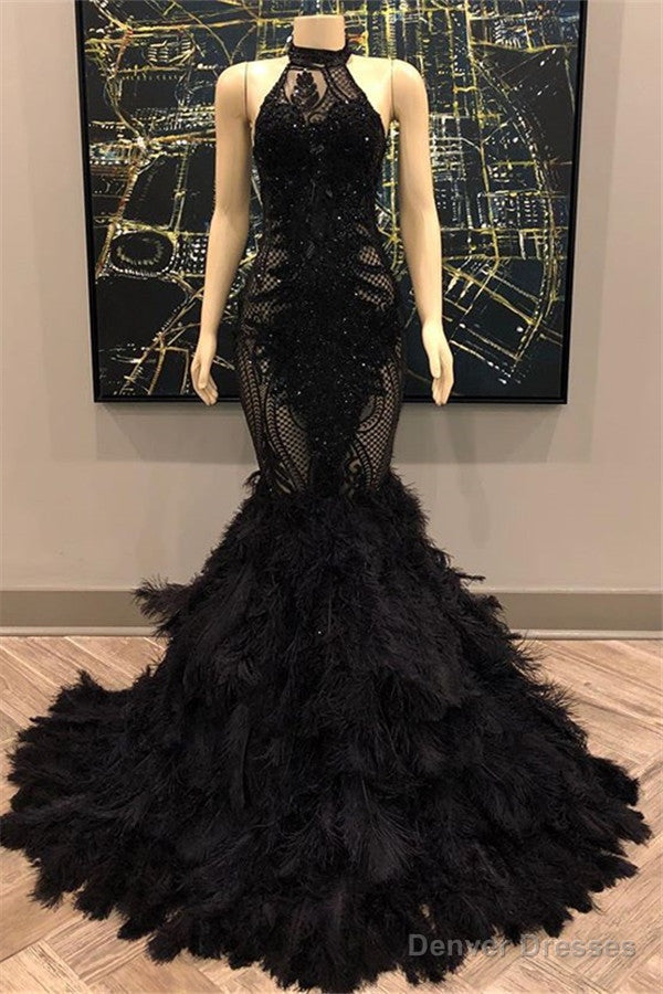 Unique Lace Appliques Halter Feather Prom Dresses Sleeveless Alluring Fit and Flare Evening Gowns Main image