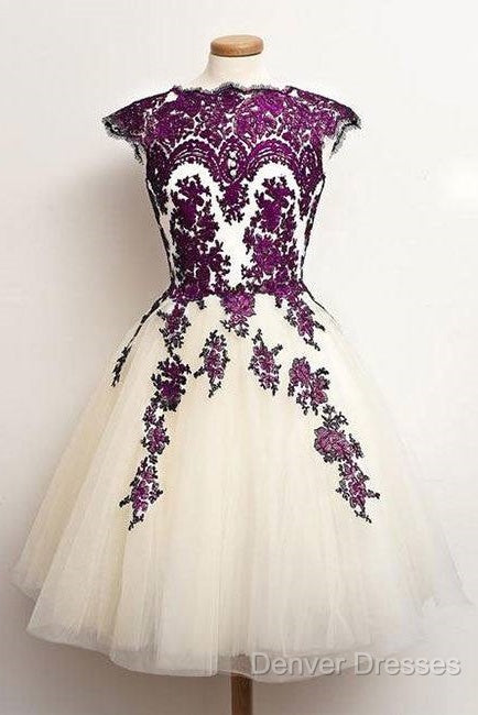 Unique Lace Tulle Short Prom Dress, Lace Bridesmaid Dress