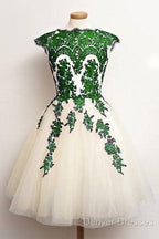 Unique Lace Tulle Short Prom Dress, Lace Bridesmaid Dress