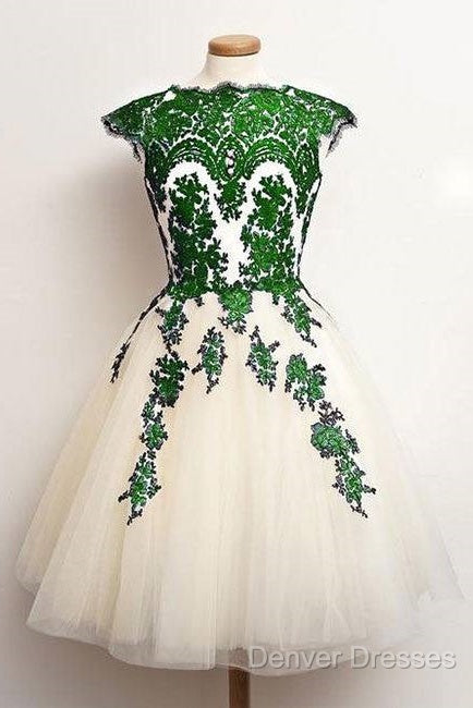 Unique Lace Tulle Short Prom Dress, Lace Bridesmaid Dress