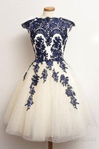 Unique Lace Tulle Short Prom Dress, Lace Bridesmaid Dress