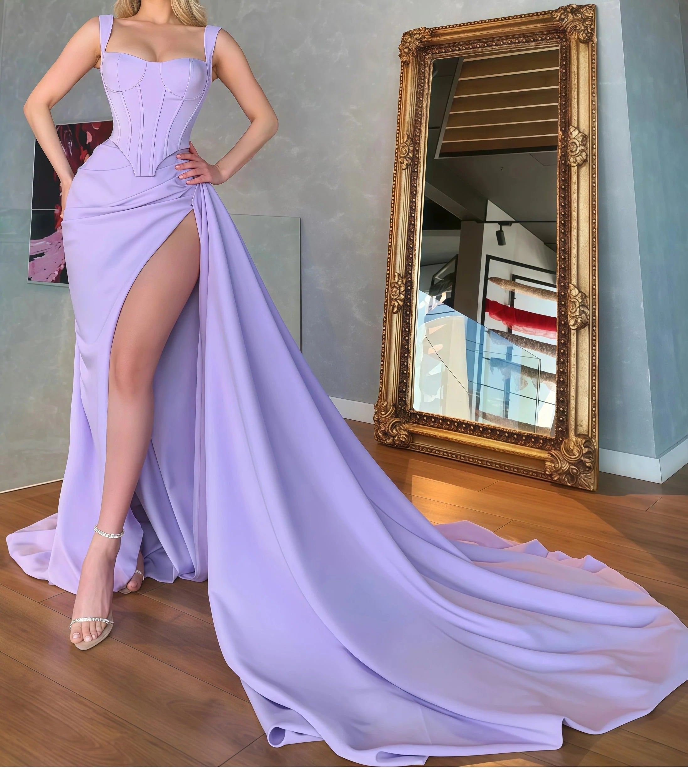 Unique Lilac Satin Mermaid Sexy Prom Dress Online Evening Formal Gown Secondary image