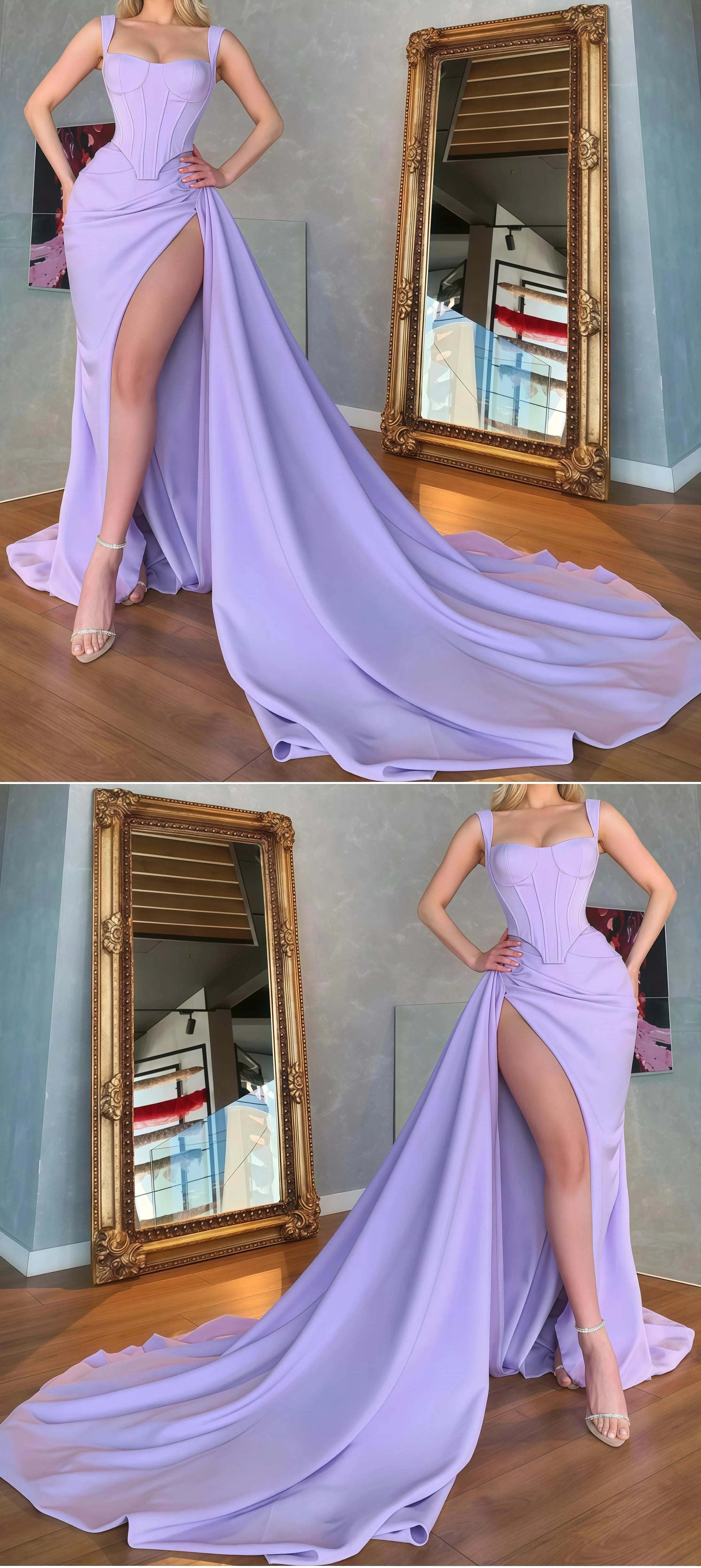 Unique Lilac Satin Mermaid Sexy Prom Dress Online Evening Formal Gown Main image