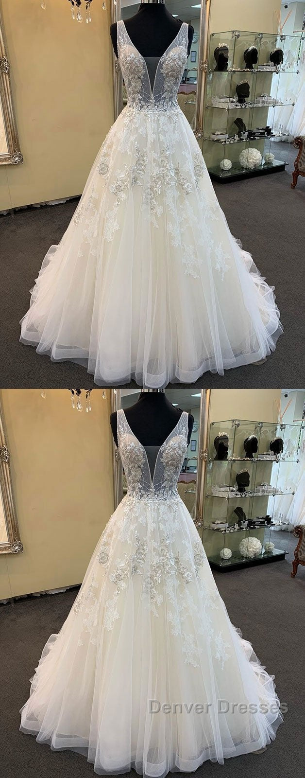 Unique Long A-line Tulle V Neck Beaded Lace Wedding Dress