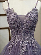 Unique Long Tulle Spaghetti Straps Prom Dress Evening Dress With Lace Applique,