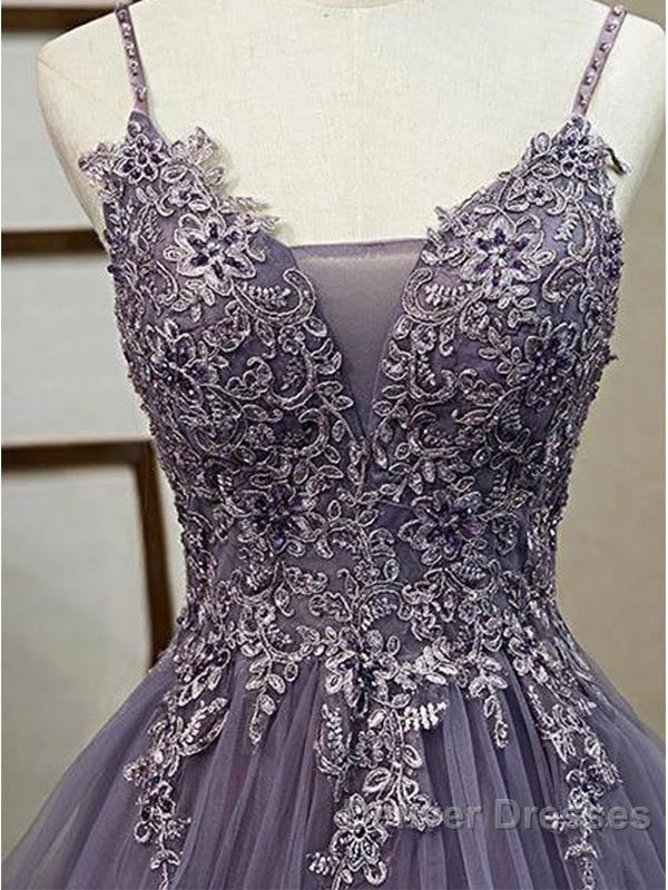 Unique Long Tulle Spaghetti Straps Prom Dress Evening Dress With Lace Applique,