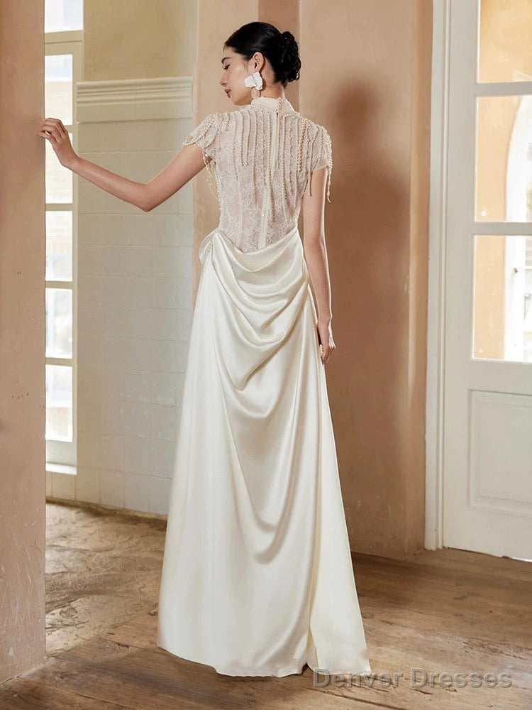 Unique Mermaid High Neckline Pearls Pleats Long White Satin Wedding Dresses