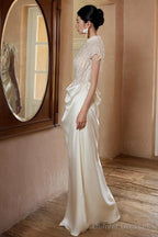 Unique Mermaid High Neckline Pearls Pleats Long White Satin Wedding Dresses