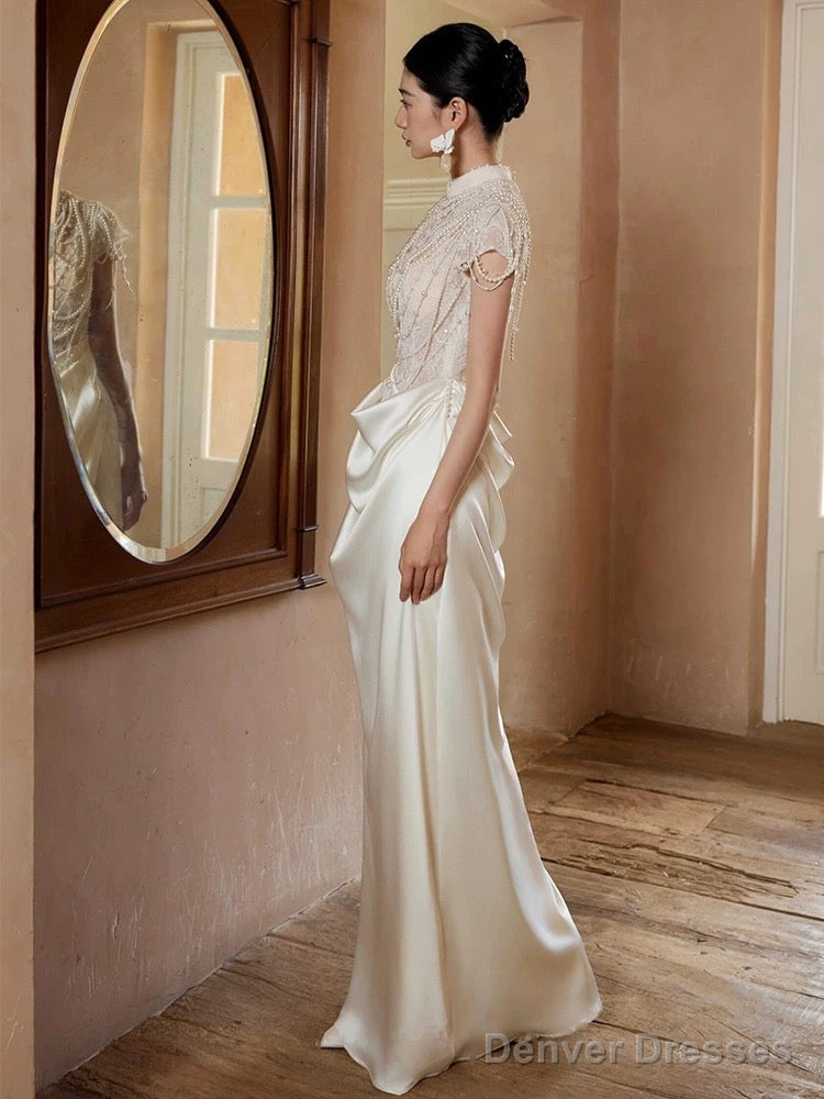 Unique Mermaid High Neckline Pearls Pleats Long White Satin Wedding Dresses