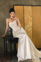 Unique Mermaid Off The Shoulder Ivory Long Wedding Dresses With Short Sleeves Brides Dress