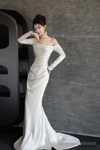 Unique Mermaid Off The Shoulder Long Sleeves Wedding Dresses Ivory Brides Dress