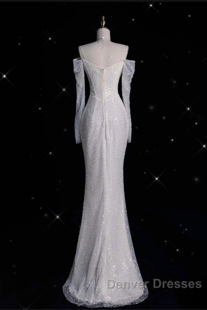 Unique Mermaid Off The Shoulder Long Sleeves Wedding Dress Sequin Brides Dress Secondary image