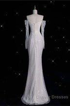 Unique Mermaid Off The Shoulder Long Sleeves Wedding Dress Sequin Brides Dress