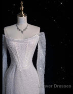 Unique Mermaid Off The Shoulder Long Sleeves Wedding Dress Sequin Brides Dress