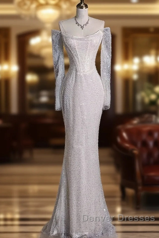 Unique Mermaid Off The Shoulder Long Sleeves Wedding Dress Sequin Brides Dress Main image