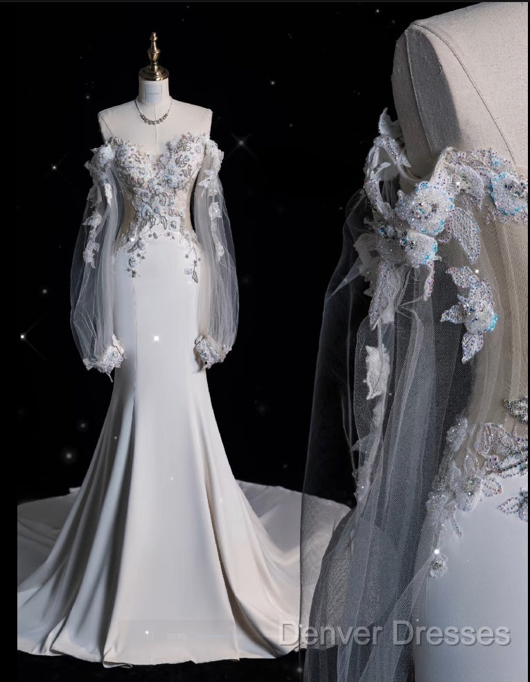 Unique Mermaid Off The Shoulder Long Tulle White Wedding Dress Brides Dress Secondary image