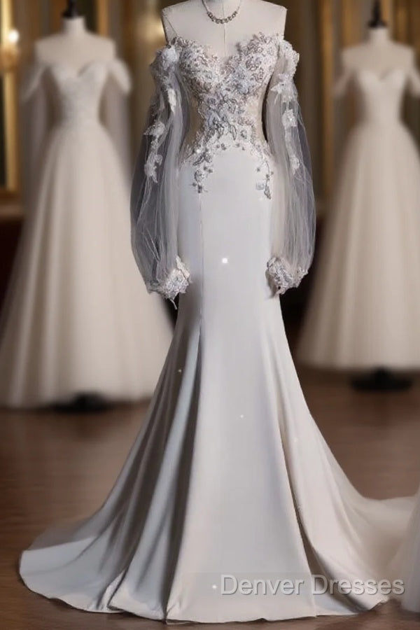Unique Mermaid Off The Shoulder Long Tulle White Wedding Dress Brides Dress