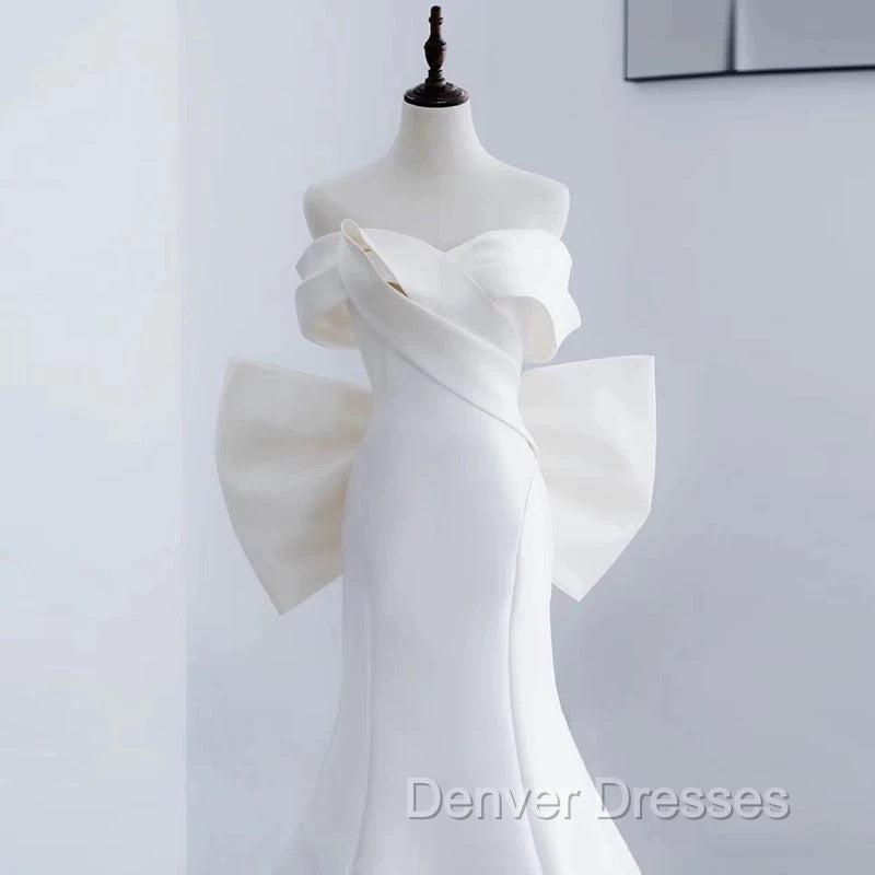 Unique Mermaid Off The Shoulder Long White Satin Wedding Dress