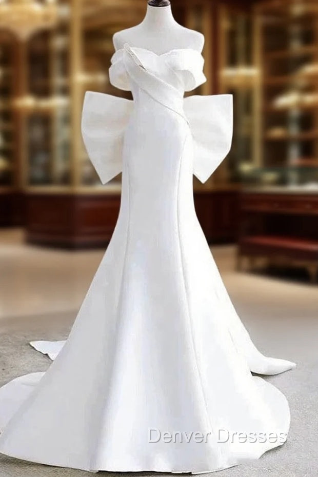Unique Mermaid Off The Shoulder Long White Satin Wedding Dress