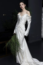 Unique Mermaid Off The Shoulder Pleats Long Sleeves Satin Wedding Dresses