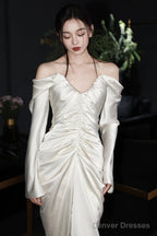 Unique Mermaid Off The Shoulder Pleats Long Sleeves Satin Wedding Dresses