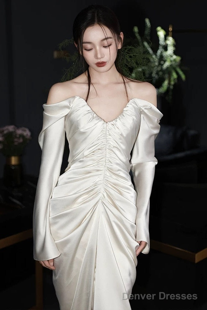 Unique Mermaid Off The Shoulder Pleats Long Sleeves Satin Wedding Dresses