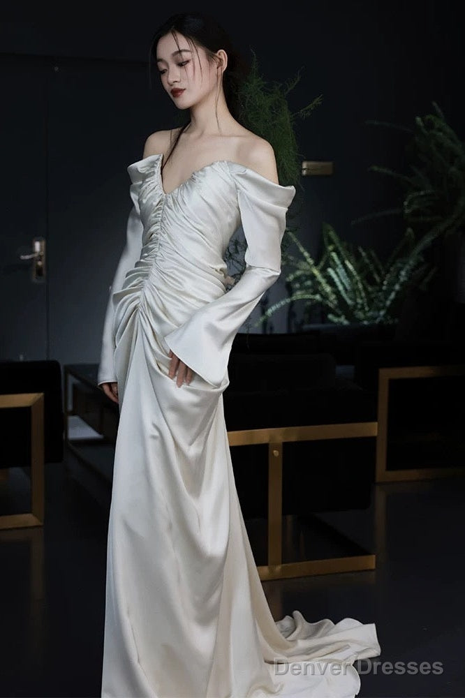 Unique Mermaid Off The Shoulder Pleats Long Sleeves Satin Wedding Dresses Main image