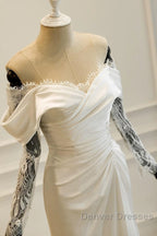 Unique Mermaid Off The Shoulder Pleats Satin Long Sleeves Wedding Dress Brides Dress