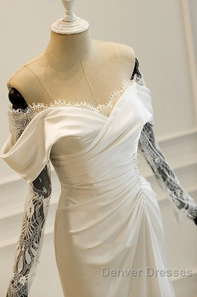 Unique Mermaid Off The Shoulder Pleats Satin Long Sleeves Wedding Dress Brides Dress