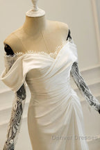 Unique Mermaid Off The Shoulder Pleats Satin Long Sleeves Wedding Dress Brides Dress