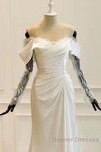 Unique Mermaid Off The Shoulder Pleats Satin Long Sleeves Wedding Dress Brides Dress