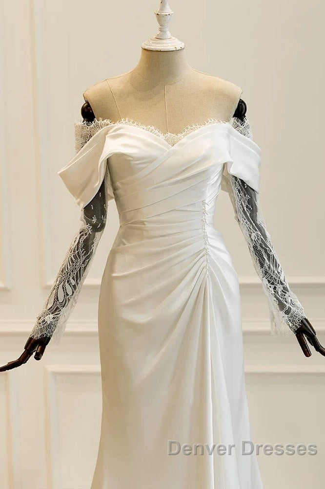 Unique Mermaid Off The Shoulder Pleats Satin Long Sleeves Wedding Dress Brides Dress