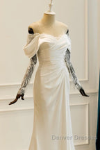 Unique Mermaid Off The Shoulder Pleats Satin Long Sleeves Wedding Dress Brides Dress