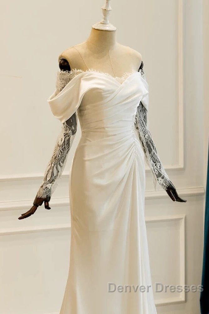 Unique Mermaid Off The Shoulder Pleats Satin Long Sleeves Wedding Dress Brides Dress