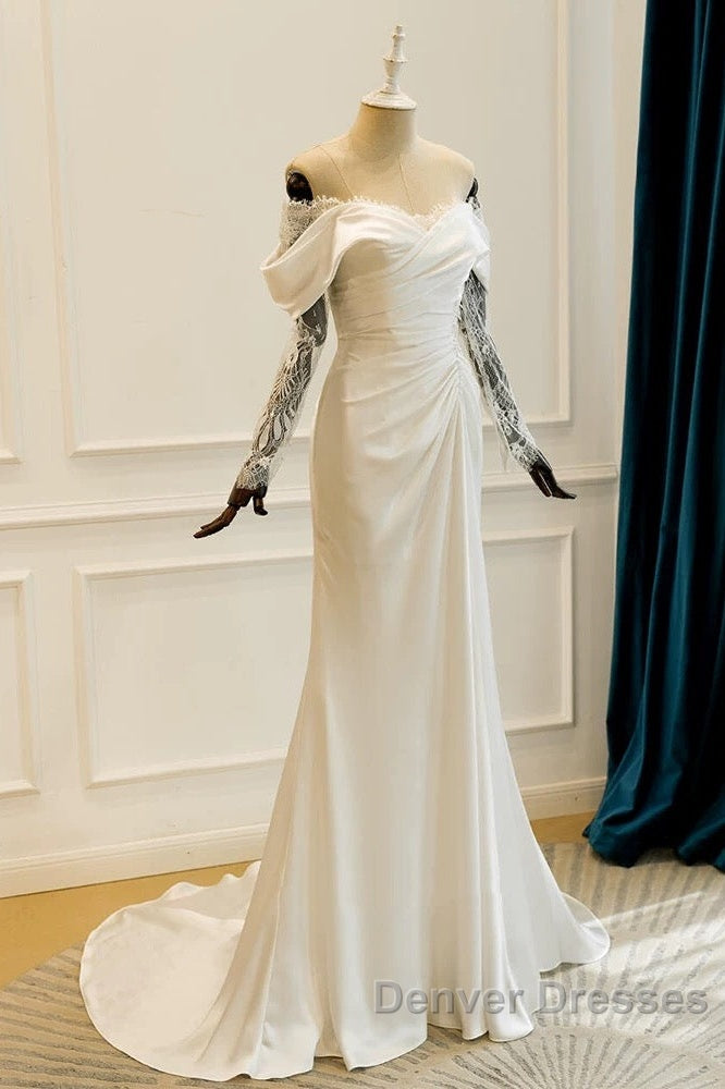 Unique Mermaid Off The Shoulder Pleats Satin Long Sleeves Wedding Dress Brides Dress