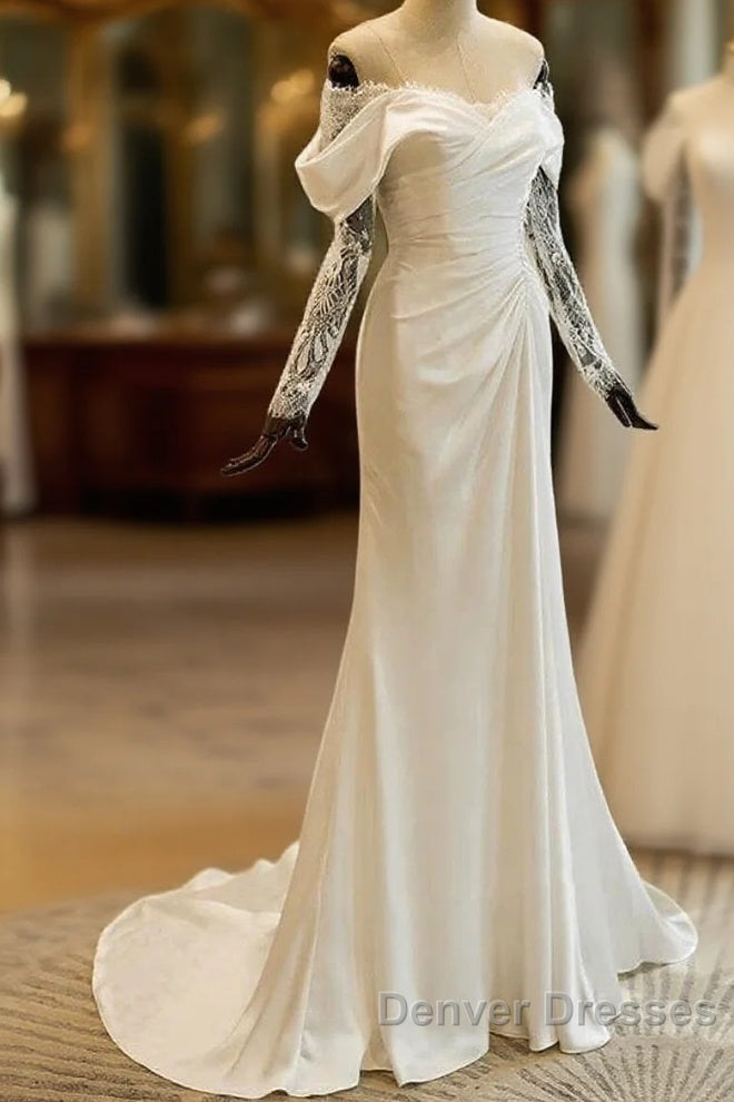 Unique Mermaid Off The Shoulder Pleats Satin Long Sleeves Wedding Dress Brides Dress Main image