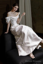 Unique Mermaid Off The Shoulder Pleats Satin Short Sleeves Wedding Dresses Brides Dress