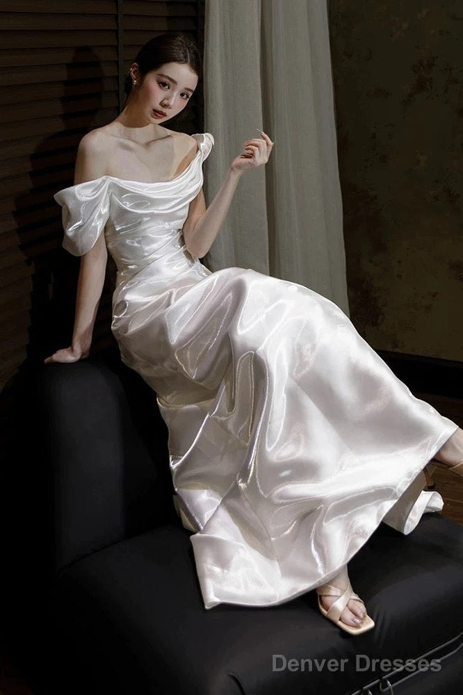 Unique Mermaid Off The Shoulder Pleats Satin Short Sleeves Wedding Dresses Brides Dress