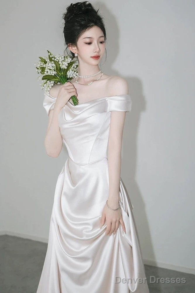 Unique Mermaid Off The Shoulder Pleats Short Sleeves Satin Ivory Wedding Dresses