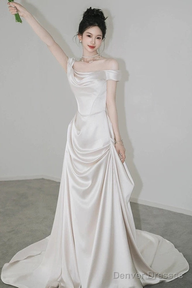 Unique Mermaid Off The Shoulder Pleats Short Sleeves Satin Ivory Wedding Dresses