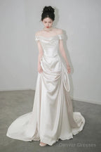 Unique Mermaid Off The Shoulder Pleats Short Sleeves Satin Ivory Wedding Dresses