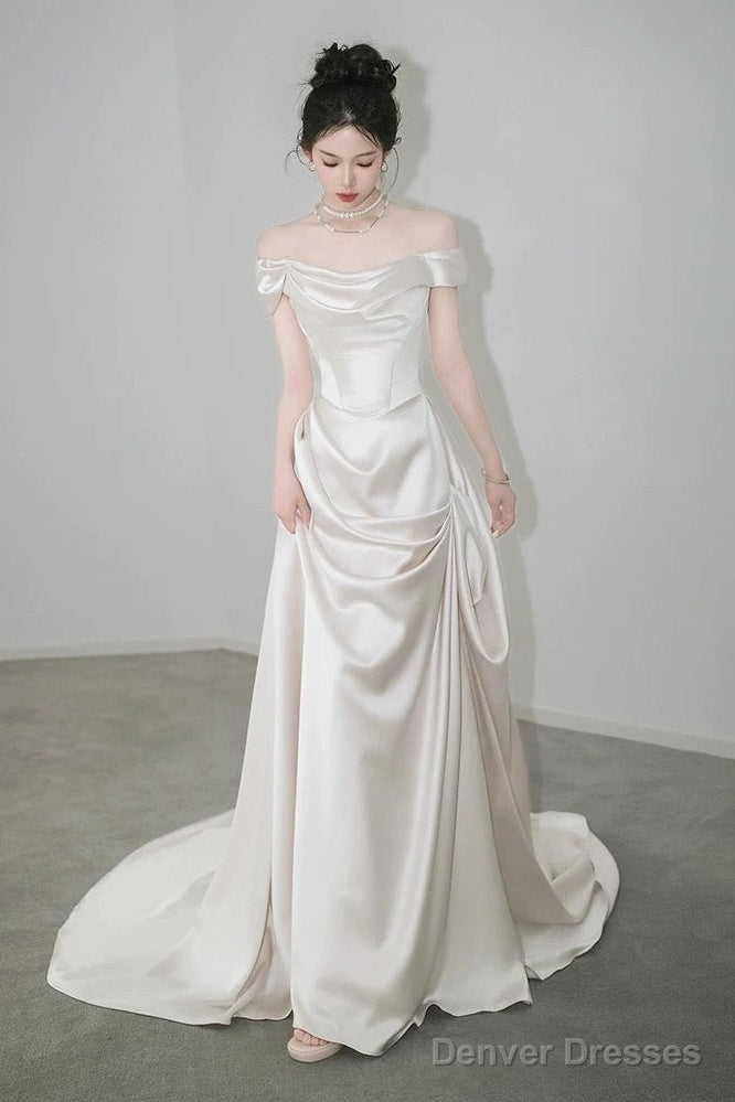 Unique Mermaid Off The Shoulder Pleats Short Sleeves Satin Ivory Wedding Dresses