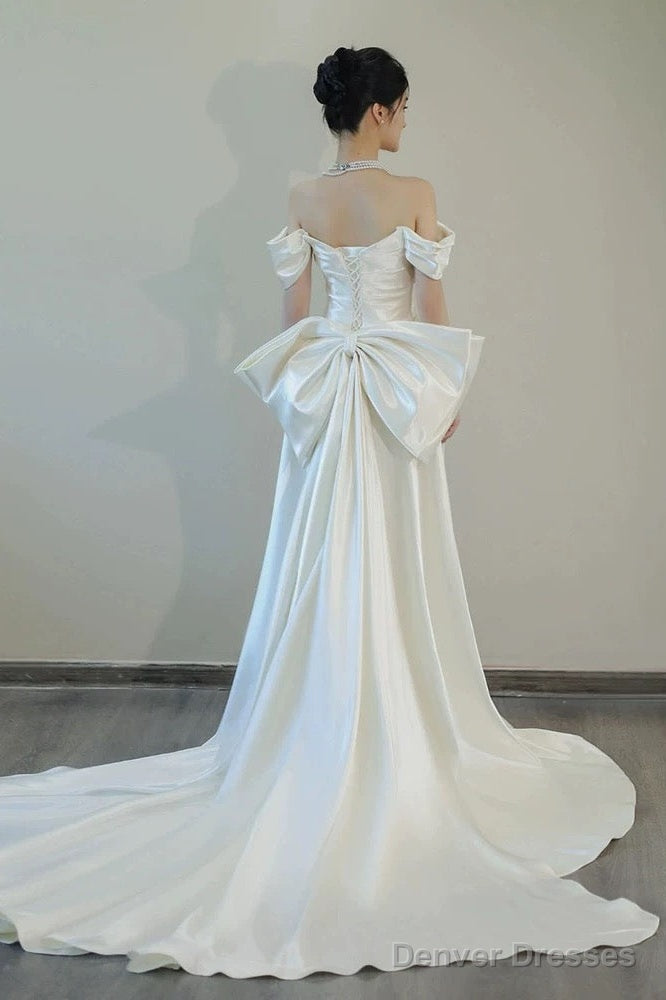 Unique Mermaid Off The Shoulder Pleats Short Sleeves Satin Wedding Dresses Secondary image