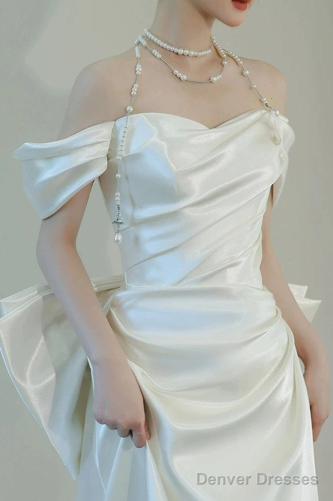 Unique Mermaid Off The Shoulder Pleats Short Sleeves Satin Wedding Dresses