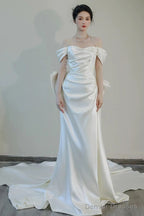 Unique Mermaid Off The Shoulder Pleats Short Sleeves Satin Wedding Dresses