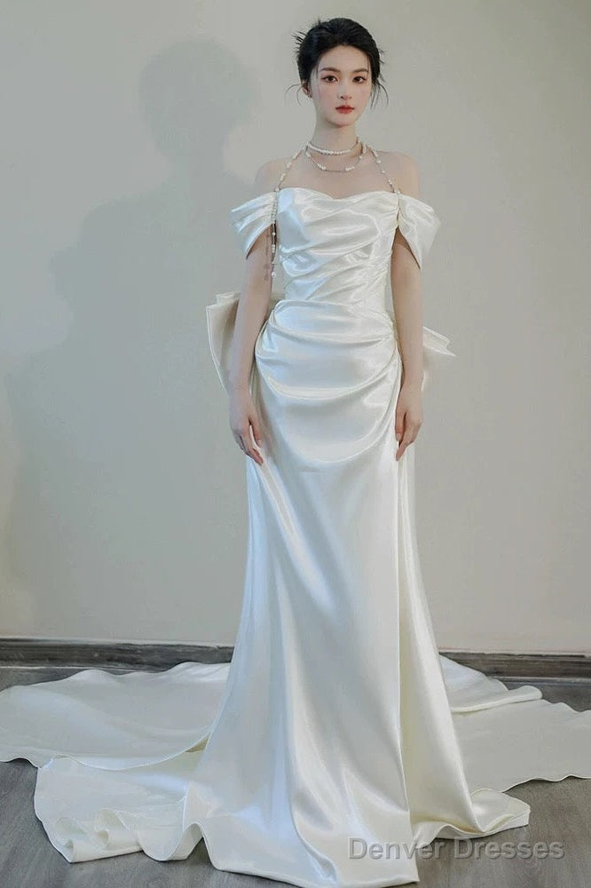 Unique Mermaid Off The Shoulder Pleats Short Sleeves Satin Wedding Dresses