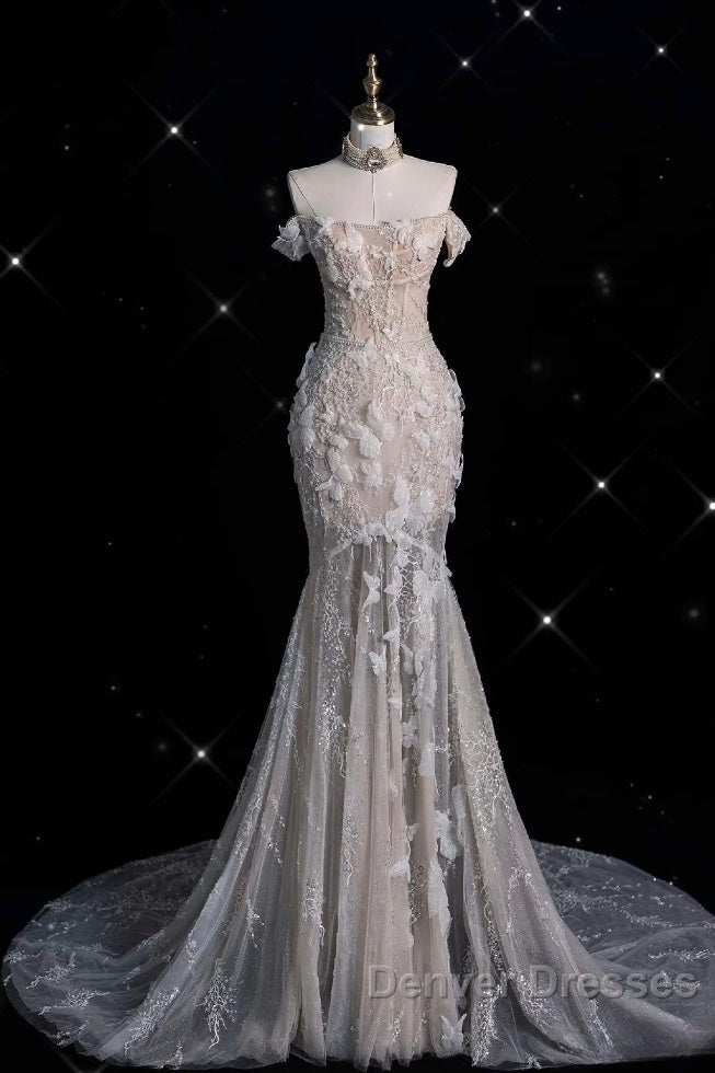 Unique Mermaid Off The Shoulder Sequin Short Sleeves Wedding Dress Brides Dress Secondary image