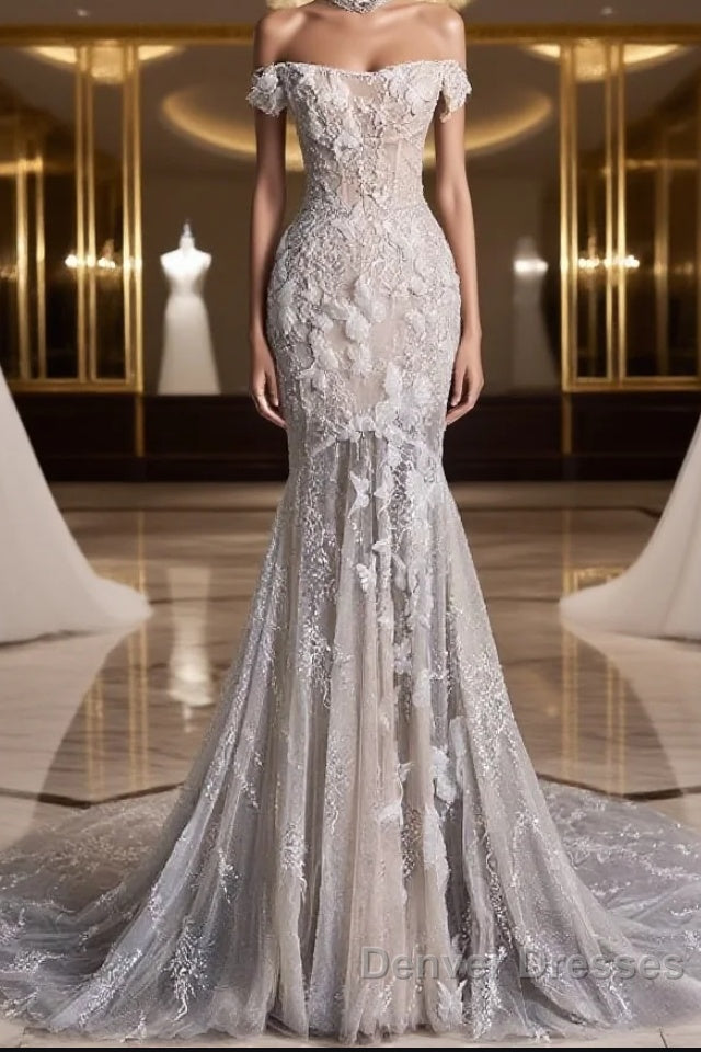 Unique Mermaid Off The Shoulder Sequin Short Sleeves Wedding Dress Brides Dress Main image